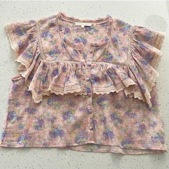 LOVESHACKFANCY Lanya Cherry Top Large Ruffle White Pink Embroidered Pink Tuscany - Picture 2 of 8